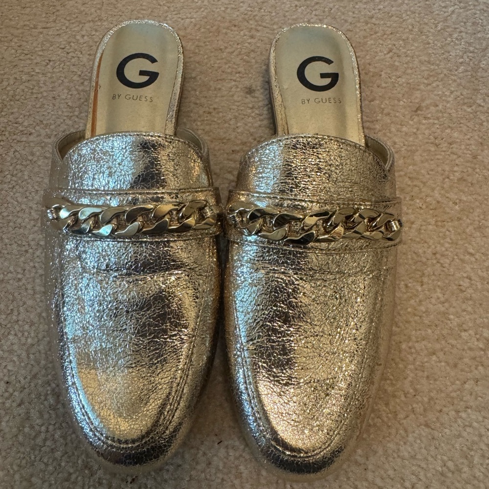 Guess Women's Metallic Gold Mules with Chain Detail